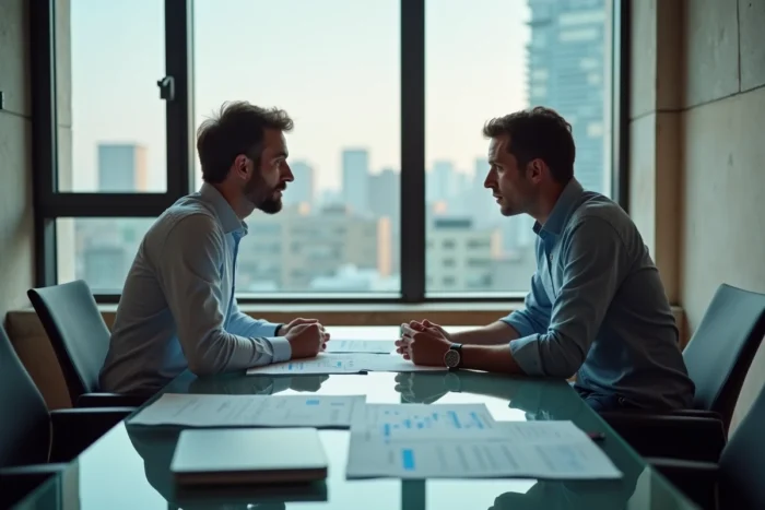 Deux professionnels discutant des solutions de financement pour un projet d'entreprise en espace de coworking