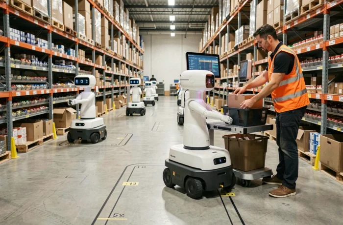 Robots mobiles autonomes AMR effectuant des opérations de picking dans un centre de distribution aux côtés d'opérateurs humains