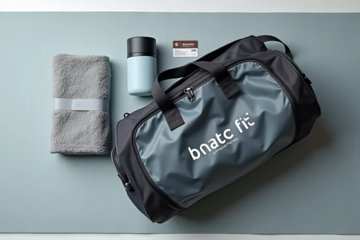 Sac de sport Basic Fit ouvert en flat lay avec accessoires de fitness sur tapis de sport gris