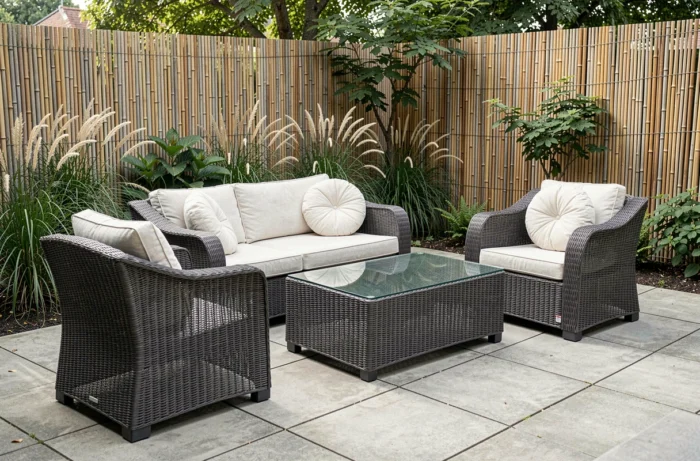 Salon bas en résine tressée avec table basse intégrée sur terrasse en béton