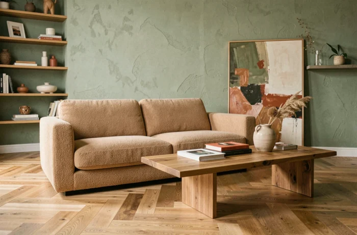 Salon décoré style scandinave avec canapé bouclé, parquet en chêne et mur vert sauge