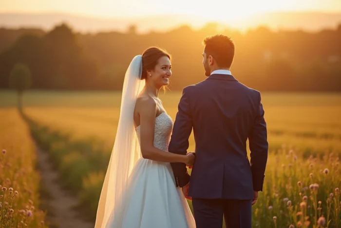 Un photographe professionnel montre les premières photos à un couple de mariés dans un pré après la cérémonie