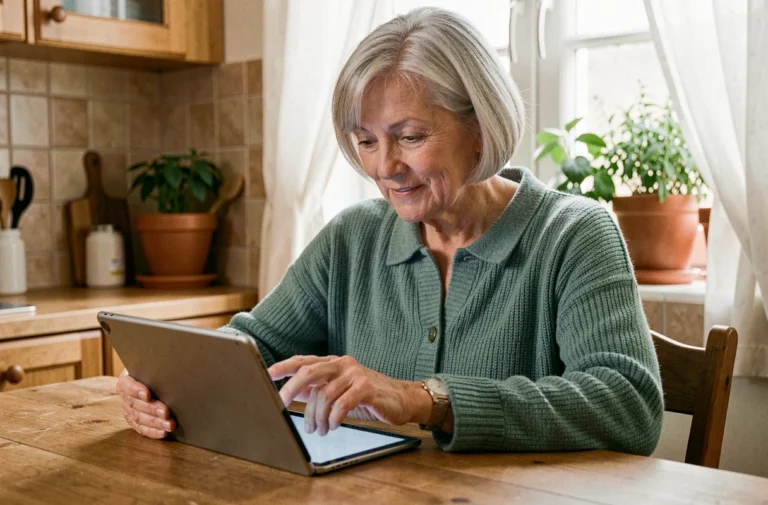 Senior femme aux cheveux argentés utilisant une tablette numérique dans sa cuisine, illustrant les astuces technologiques pour les seniors