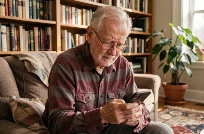 Homme senior avec lunettes utilisant un smartphone dans son salon pour accéder à des applications numériques du quotidien