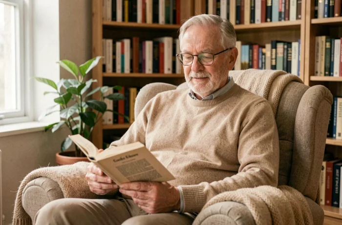 Senior homme lisant un livre dans un salon chaleureux, illustrant la stimulation mentale pour bien vieillir
