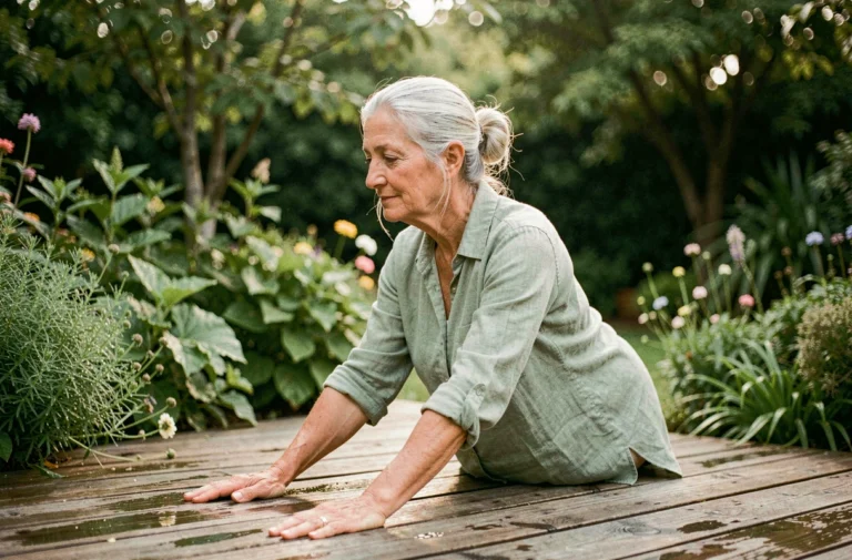 Femme senior pratiquant le yoga dans un jardin verdoyant pour rester en forme et bien vieillir