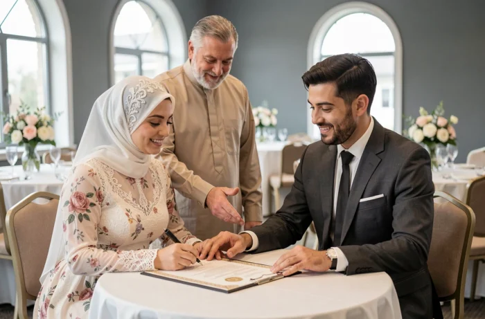 Couple musulman signant le contrat de nikah guidé par un imam lors de leur mariage religieux