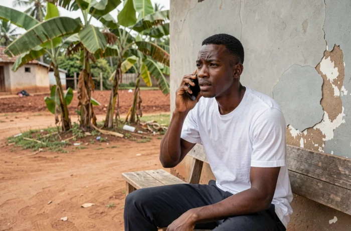 Jeune homme malgache cherchant un soutien psychologique par téléphone dans un village rural de Madagascar