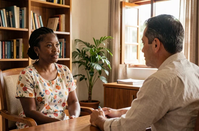 Séance de soutien psychologique entre une femme malgache et un thérapeute dans un cabinet de consultation à Antananarivo