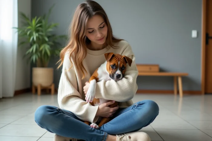 Jeune femme tenant tendrement un chiot staffie nain roux et blanc contre elle dans un appartement moderne et minimaliste