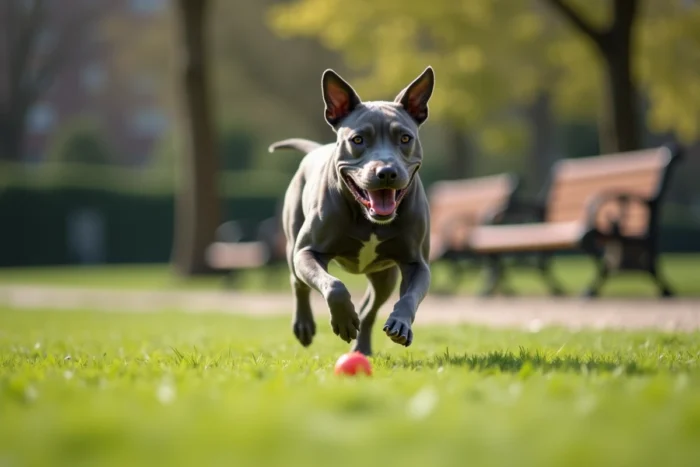 Staffie nain gris bleu qui court après une balle dans un parc urbain, expression joyeuse et corps musclé en plein mouvement