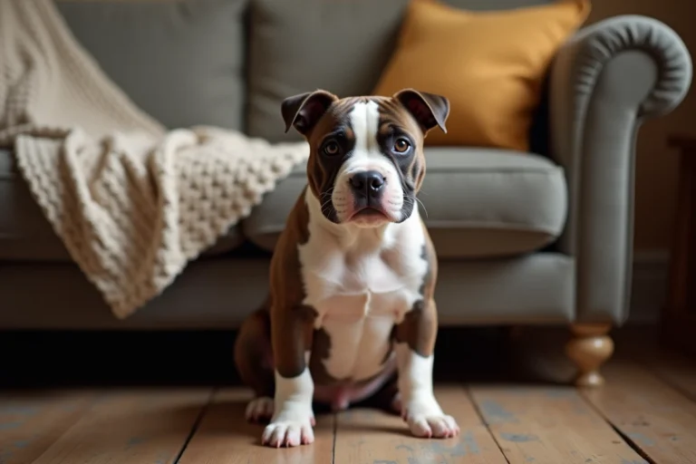 Staffie nain bringé assis sur un plancher en bois dans un salon chaleureux, regard expressif et attentif vers l'objectif