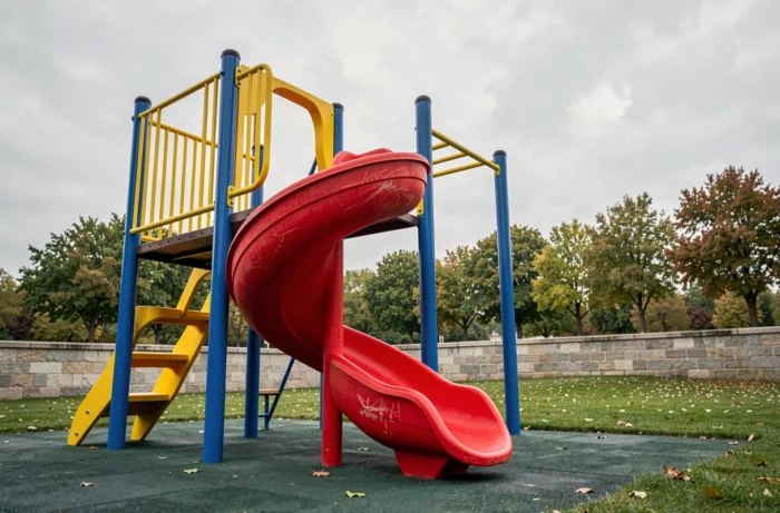 Détail d'une structure de jeux colorée dans un parc public d'Arras avec toboggan et barres de singe