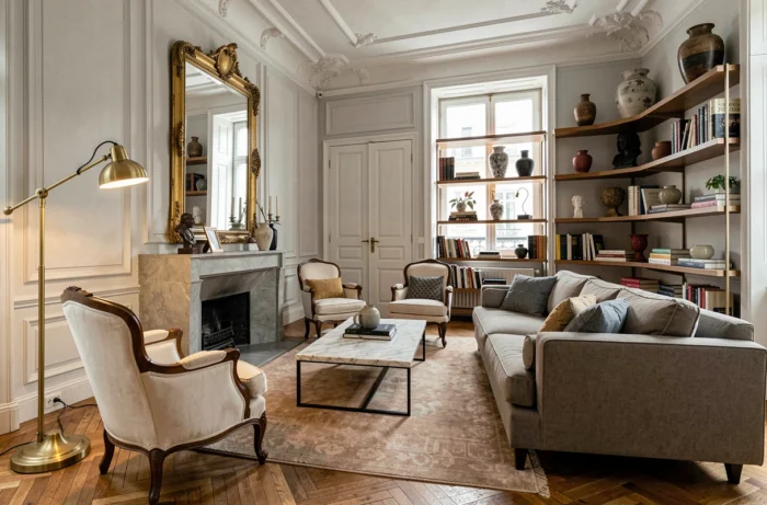 Salon mêlant style héritage et contemporain avec mobilier ancien et design moderne, parquet ancien et miroir doré face à une cheminée en béton