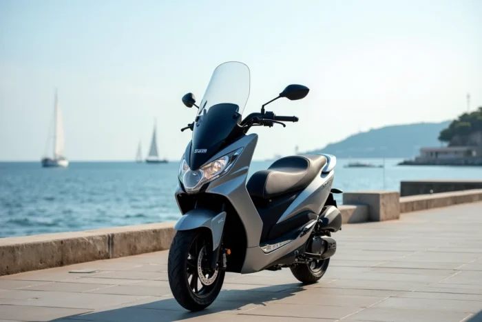 SYM Cruisym 400 sur une promenade côtière avec vue sur la mer et voiliers en arrière-plan