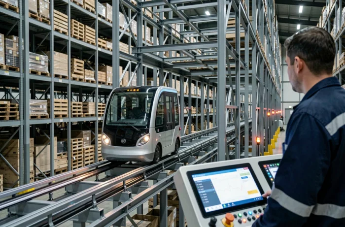 Navette automatisée sur rails circulant dans un système de stockage dense à plusieurs niveaux dans un entrepôt haute densité