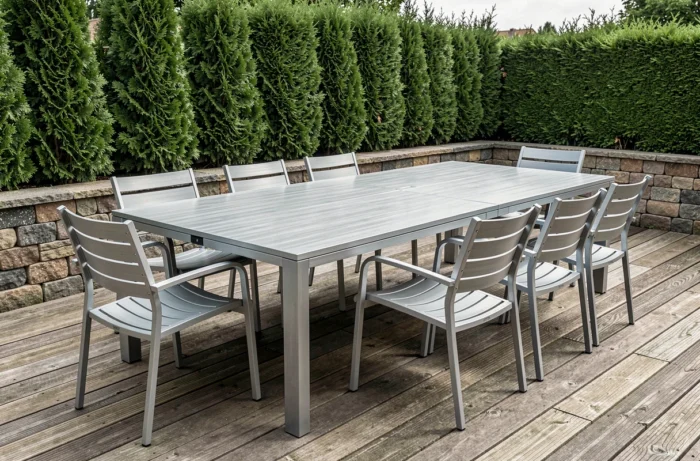 Table extensible en aluminium avec chaises assorties sur une terrasse en bois