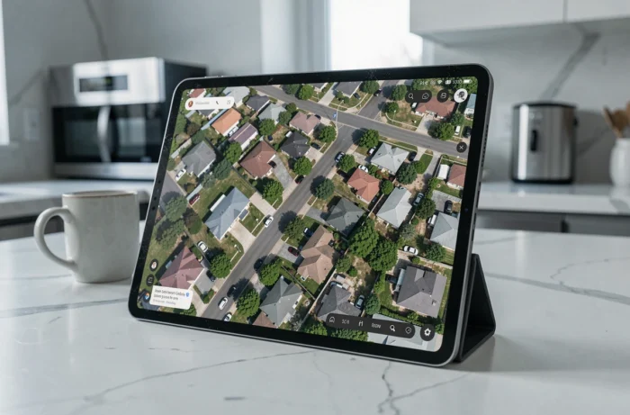 Tablette affichant une vue satellite aérienne d'un quartier résidentiel grâce à une application gratuite de cartographie