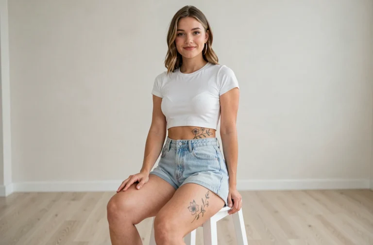 Femme montrant un tatouage à l'aine floral délicat en studio photo, style éditorial minimaliste