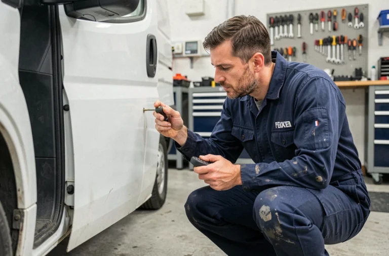 Technicien automobile examinant l'antidémarrage d'un Peugeot Boxer dans un garage professionnel