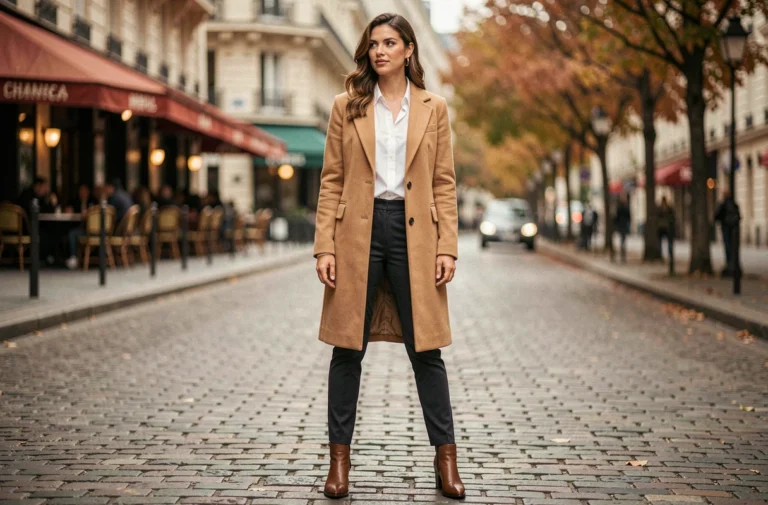 Femme élégante en manteau camel tendance dans une rue parisienne pavée en automne, inspirations mode
