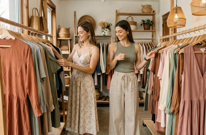Deux femmes explorant des tendances mode dans une boutique indépendante aux vêtements colorés et tissus naturels