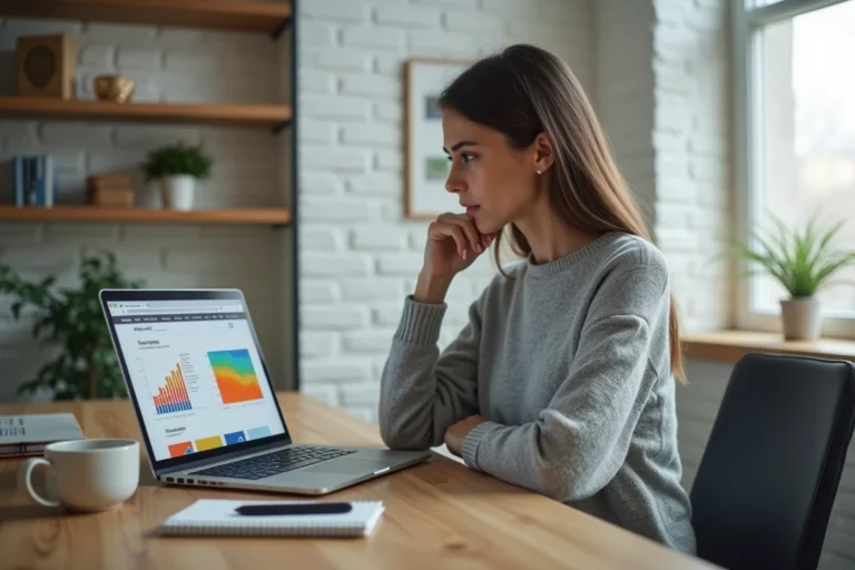 Femme travaillant sur son ordinateur portable avec des tendances web et des maquettes de design numérique affichées à l'écran