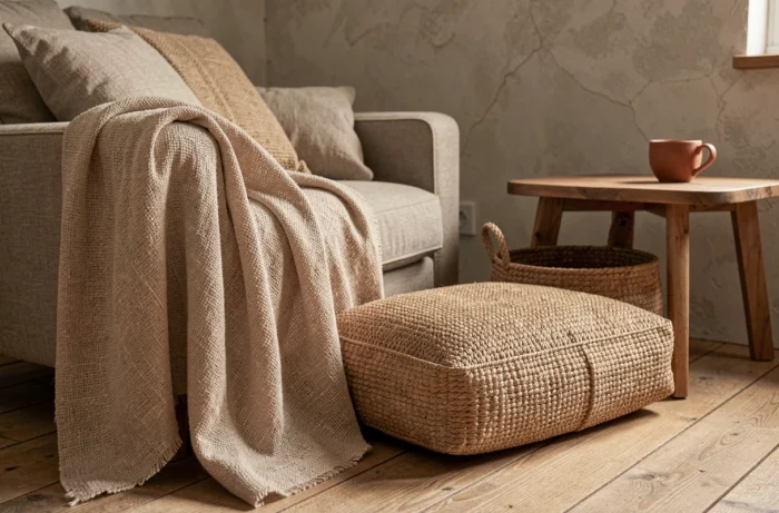 Salon tactile décoré de textiles naturels en lin et jute avec plaid, coussin de sol et panier tressé dans un intérieur scandinave