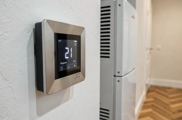 Thermostat numérique et système de chauffage à pellets fixé au mur dans un couloir moderne