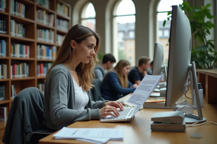 Jeune femme suivant un tutoriel d'accès au portail PIA Grenoble dans une bibliothèque universitaire