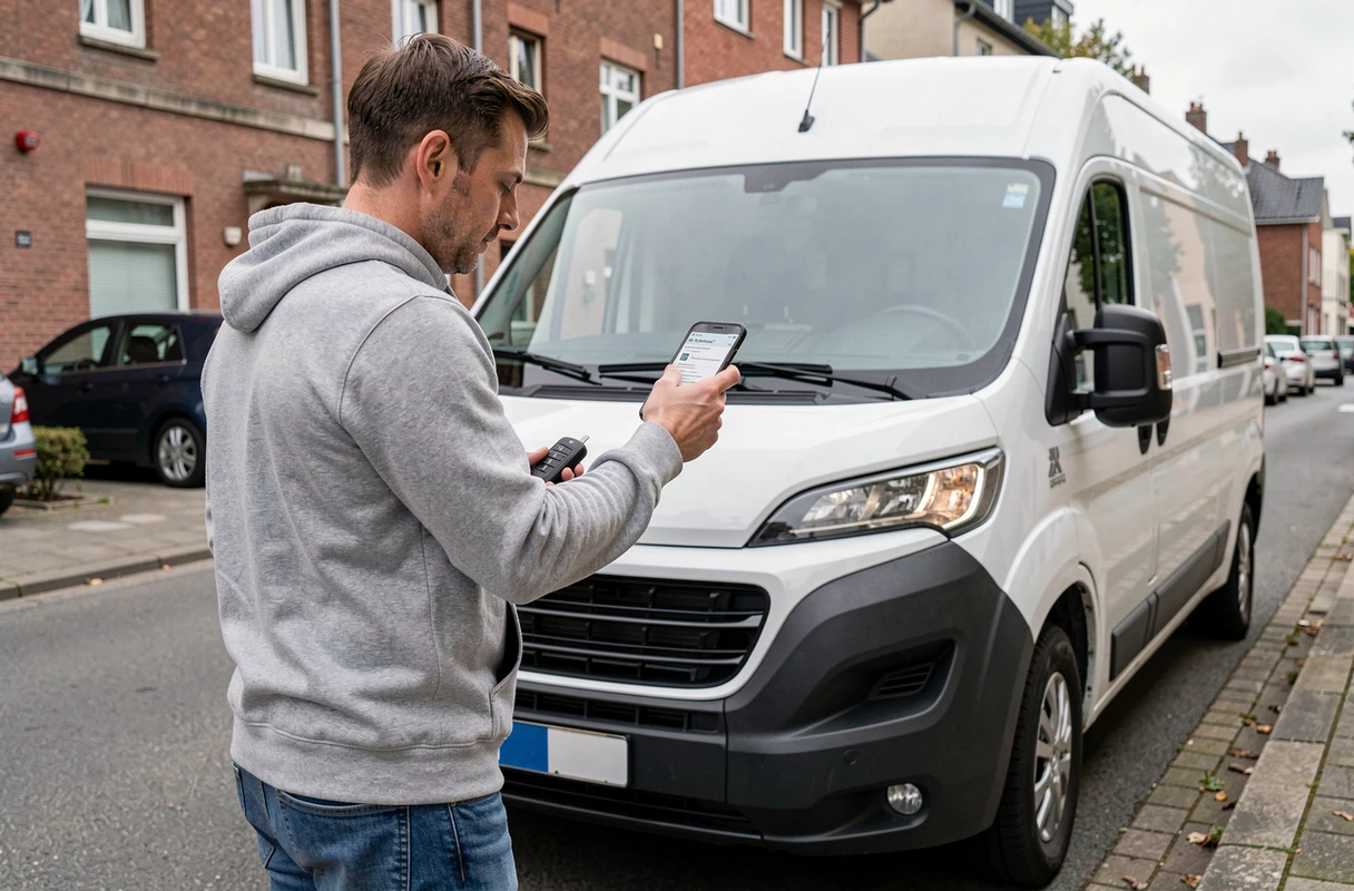 Homme consultant un tutoriel sur smartphone pour désactiver l'anti-démarrage de son Peugeot Boxer