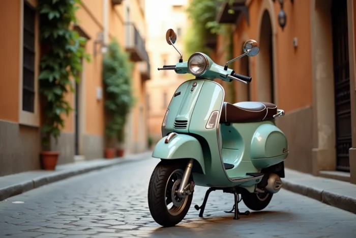 Vespa GTS 310 garée dans une ruelle romaine pavée avec murs en stuc et ferronnerie ancienne