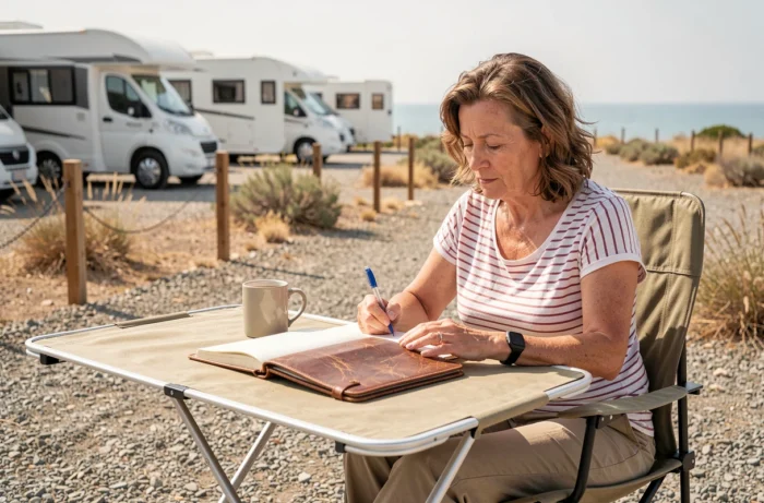 Voyageuse écrivant dans son journal sur une aire de camping-car à Saintes-Maries-de-la-Mer