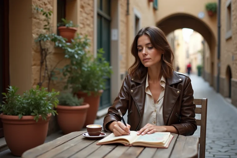 Voyageuse écrivant dans son journal de voyage dans une rue pavée européenne avec une carte et un café