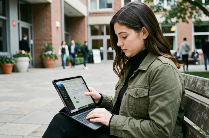Étudiante consultant son webmail académique Nantes sur une tablette dans la cour d'un campus universitaire