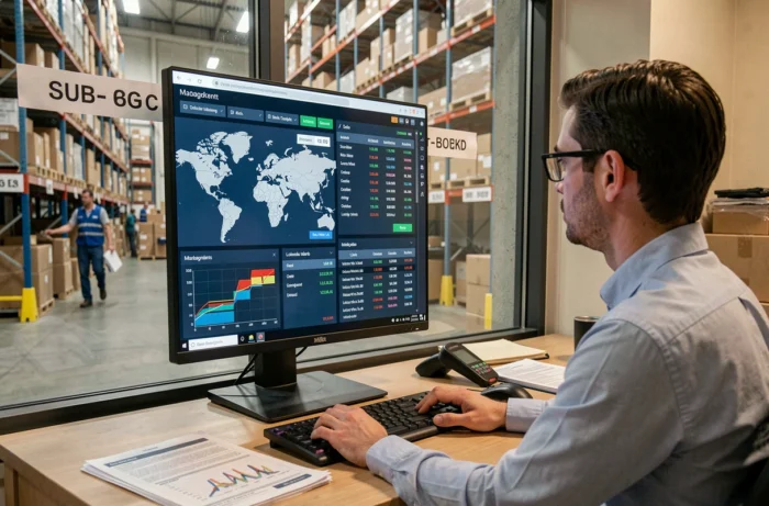 Responsable logistique consultant un système WMS sur écran avec vue sur l'entrepôt physique en arrière-plan