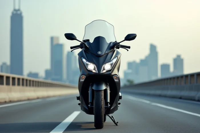 Yamaha XMAX 400 sur un pont urbain avec skyline de ville en arrière-plan