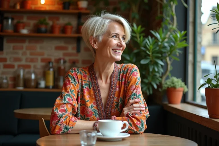 Femme aux cheveux courts platine souriante dans un café parisien, illustrant la vie sentimentale de Zazie