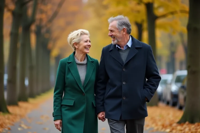 Couple complice se promenant sur un boulevard parisien en automne, évoquant la relation amoureuse de Zazie